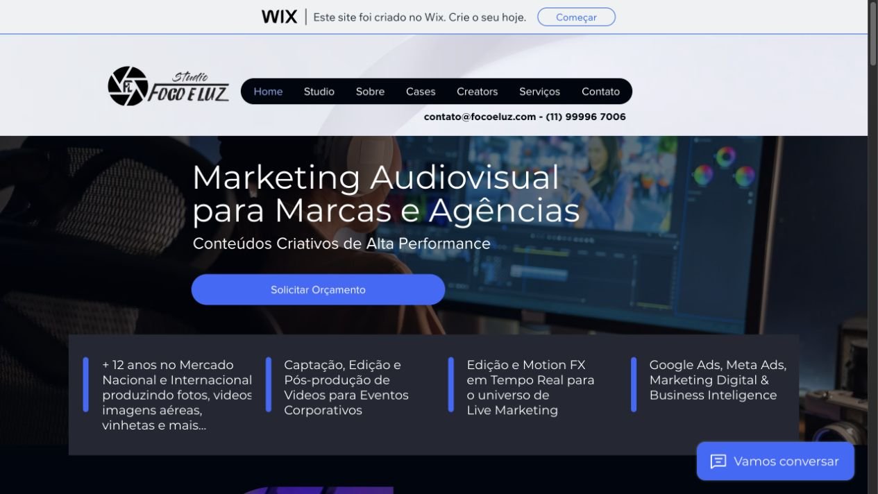 Página inicial do Studio Foco e Luz, com apresentação de marketing audiovisual